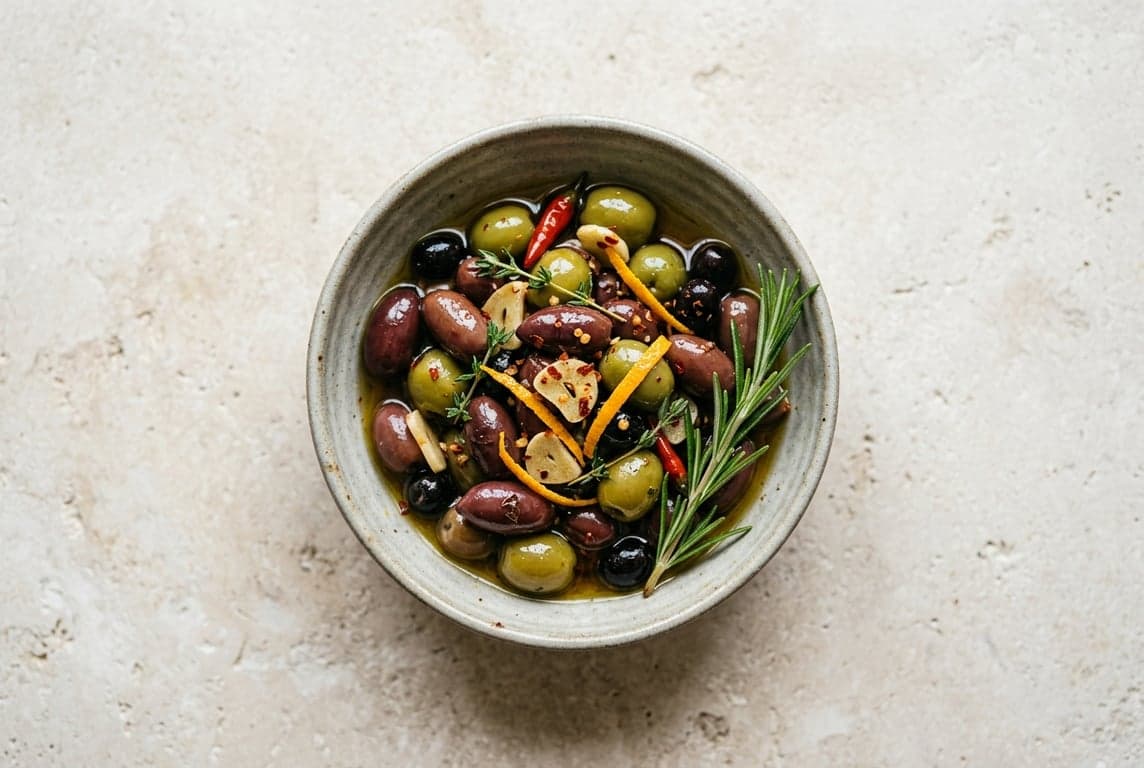 Warm Marinated Olives with Garlic and Chilli