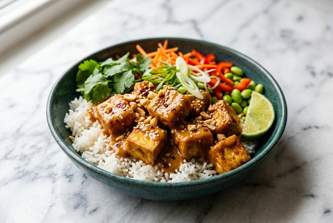 Thai Peanut Tofu Rice Bowl